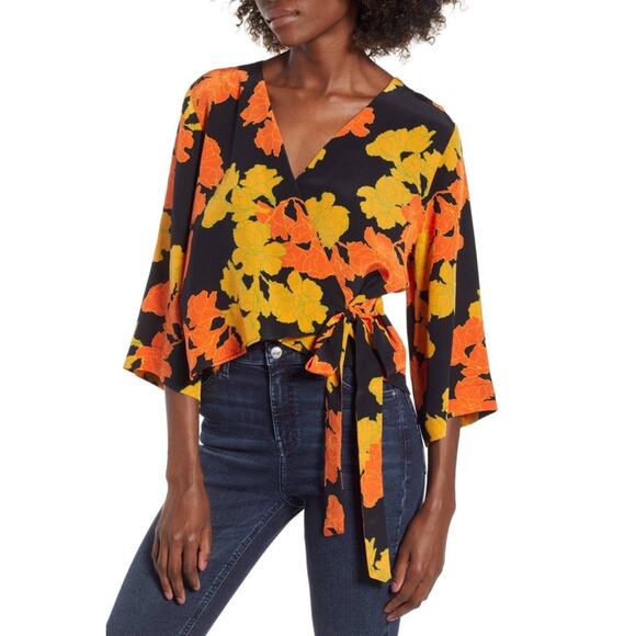 TopShop Black Orange Mustard 70s Floral Surplice Half Sleeve Wrap Top 4 Small - Picture 1 of 8